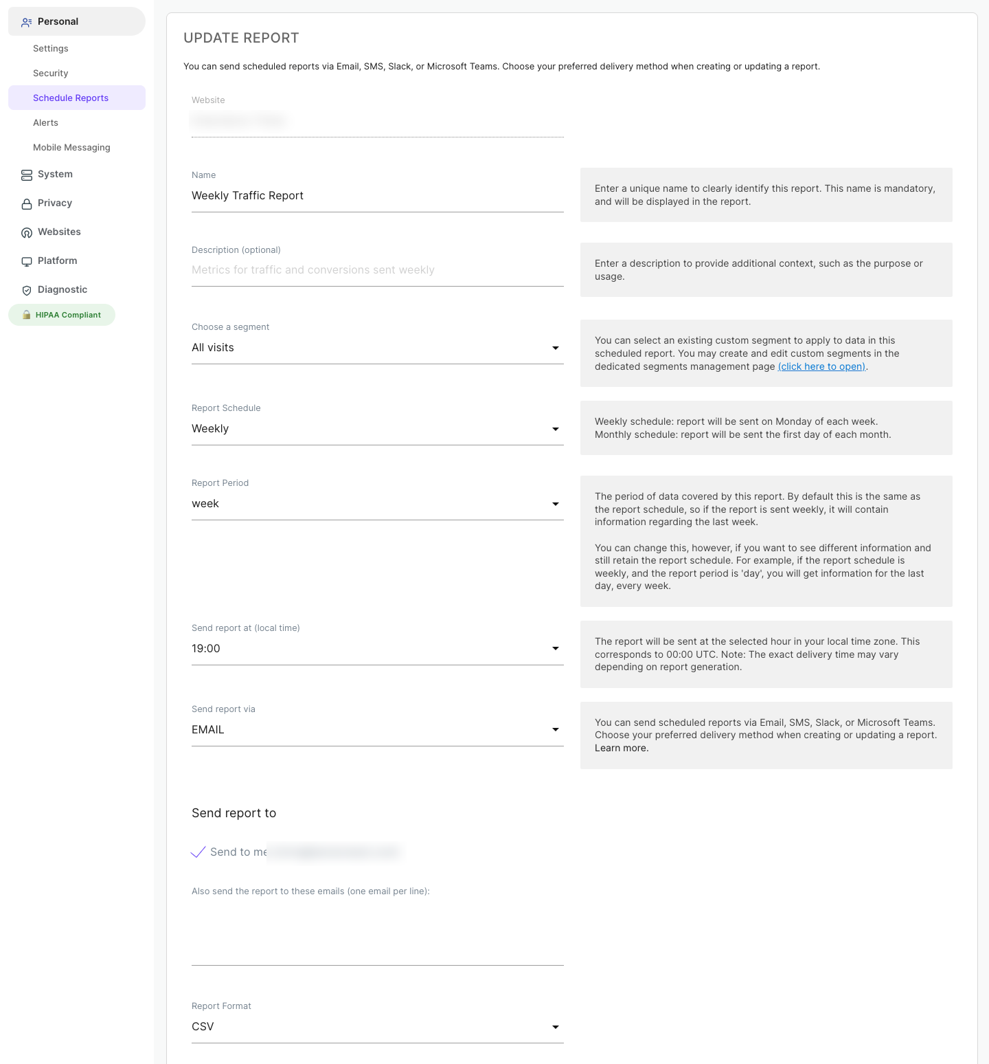 Scheduled report configuration: weekly delivery in CSV format